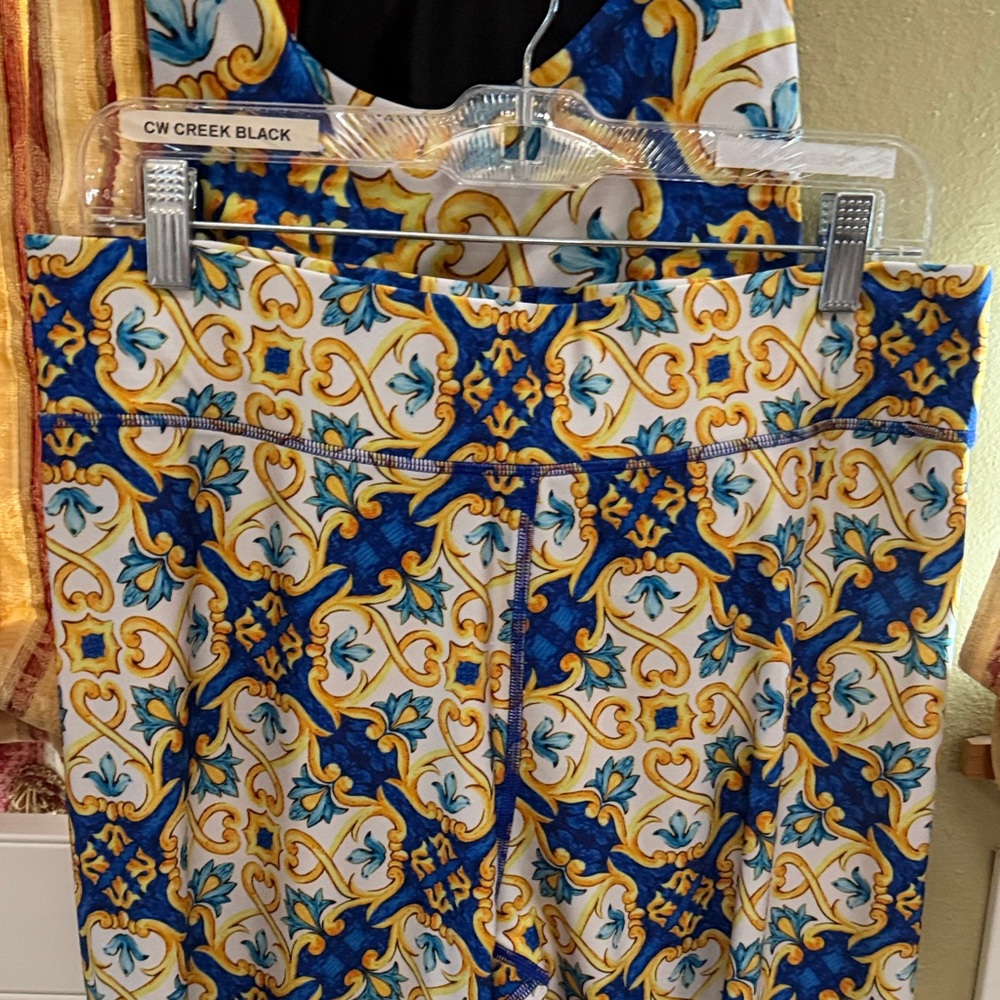 Terez Blue and Yellow Tile Patterned Leggings - Picture 2 of 7